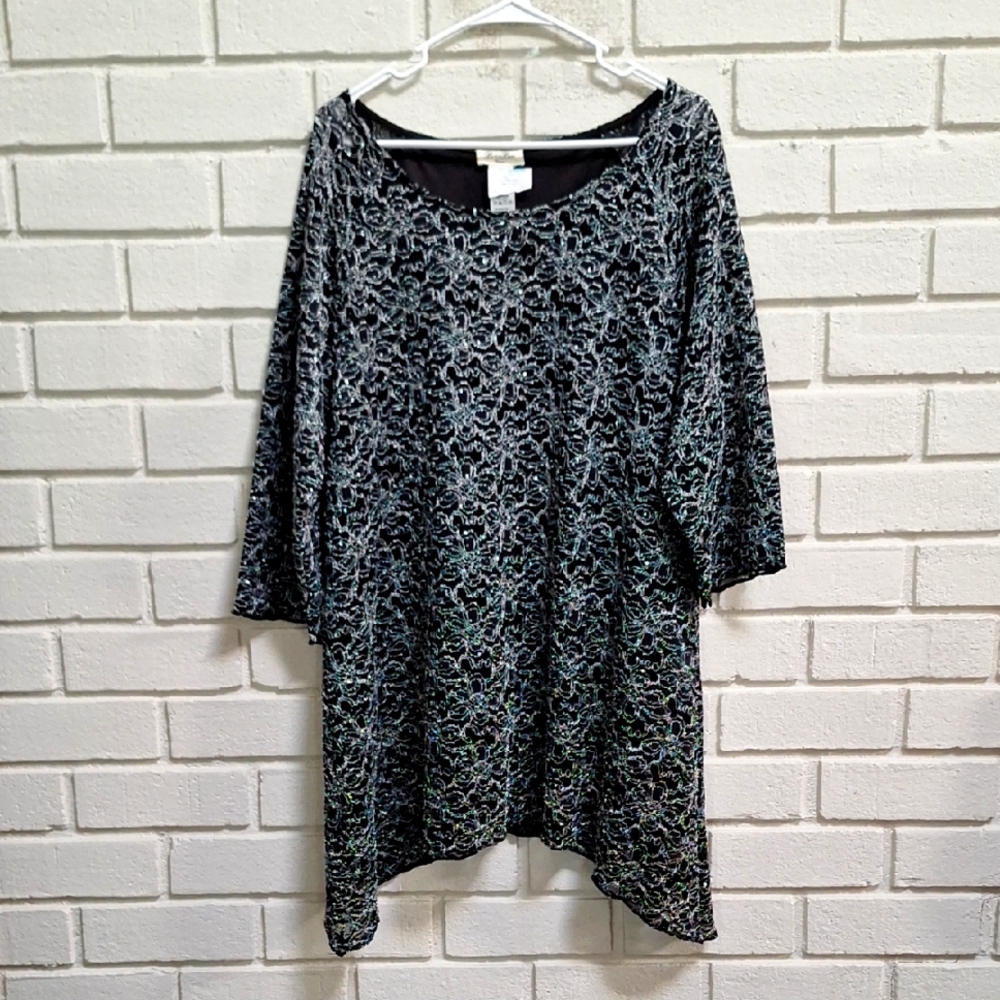 Brittany Black Black and White 3/4 Sleeve Lace Sequin Formal Tunic. Size 1X NWT